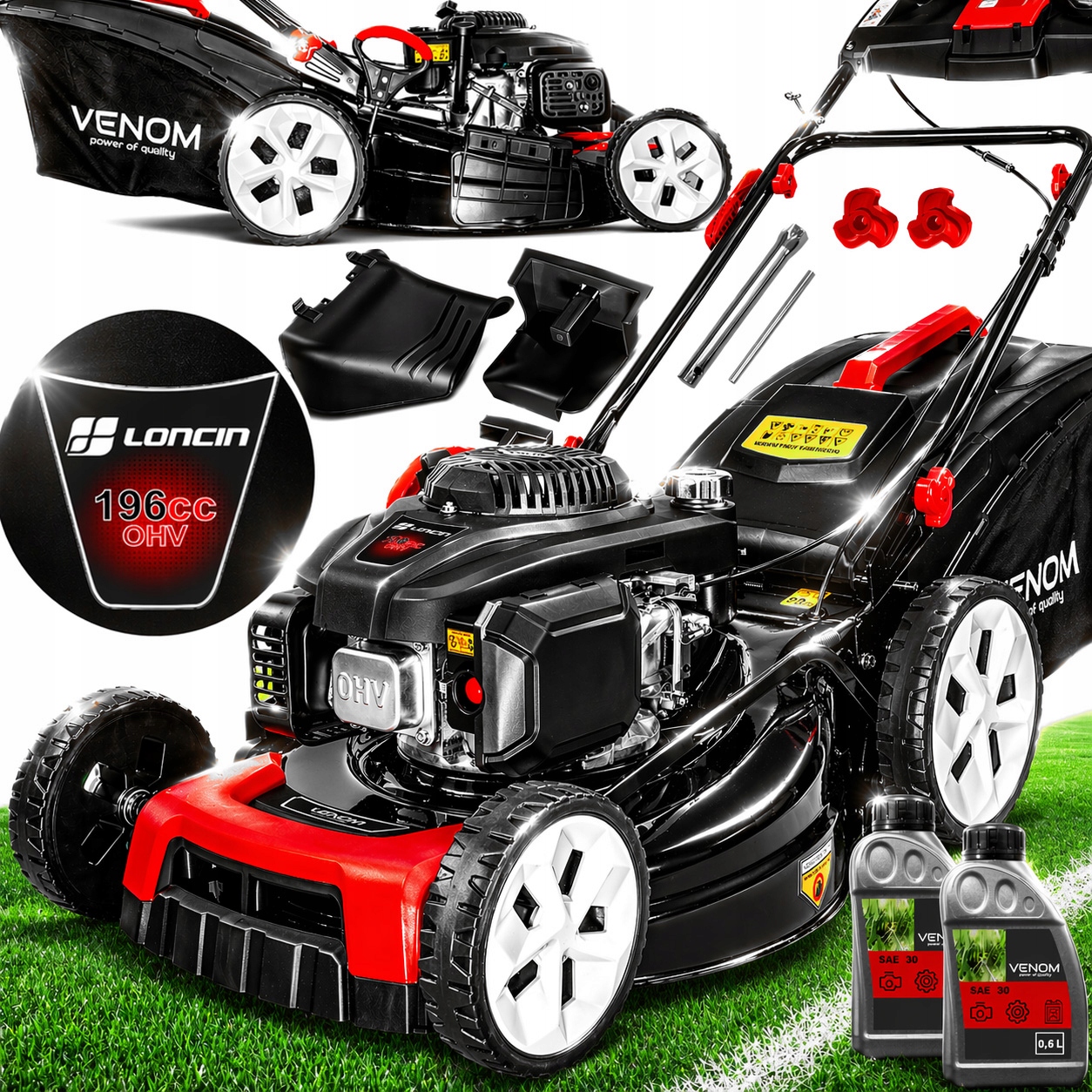 Benzínová kosačka na trávu Venom s pohonom 53 cm a košom s objemom 60 l